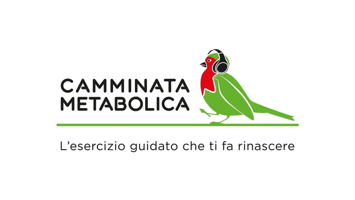 Logo della Camminata Metabolica: un uccellino con le cuffie e la scritta “L’esercizio guidato che ti fa rinascere”