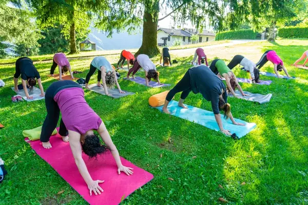 Pratica di yoga sul prato, nella posizione del cane a testa in giù