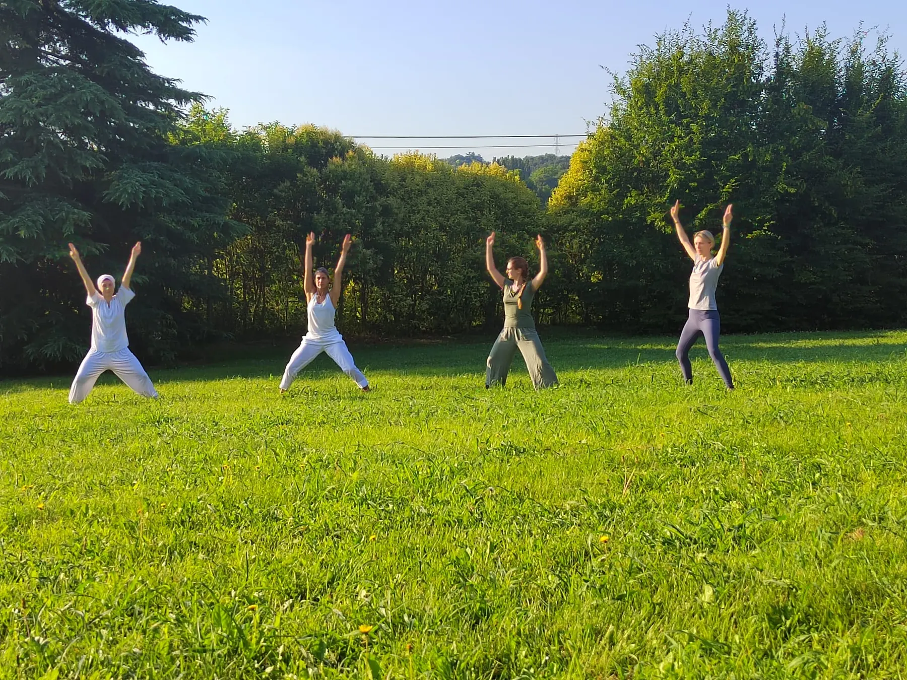 Quattro partecipanti praticano a braccia alzate sul prato, davanti a una fila di alberi