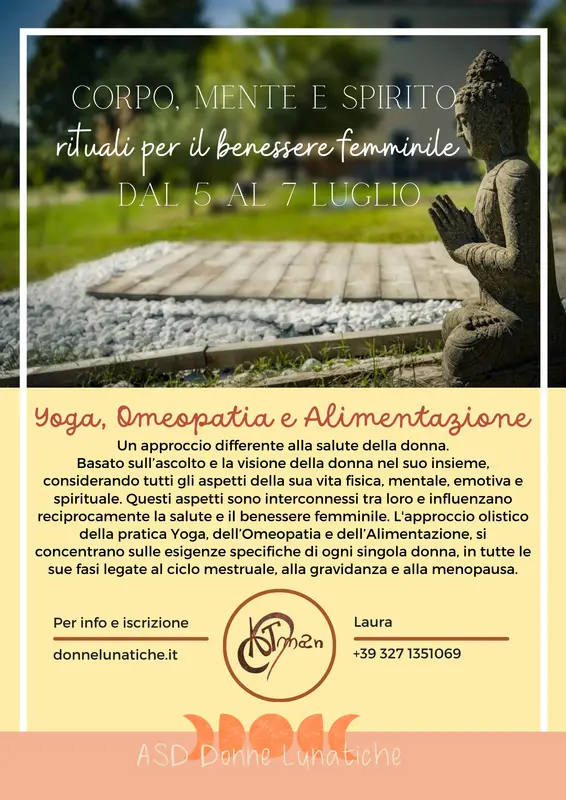 Locandina “Corpo, mente e spirito: rituali per il benessere femminile”, ritiro di yoga, omeopatia e alimentazione dal 5 al 7 luglio