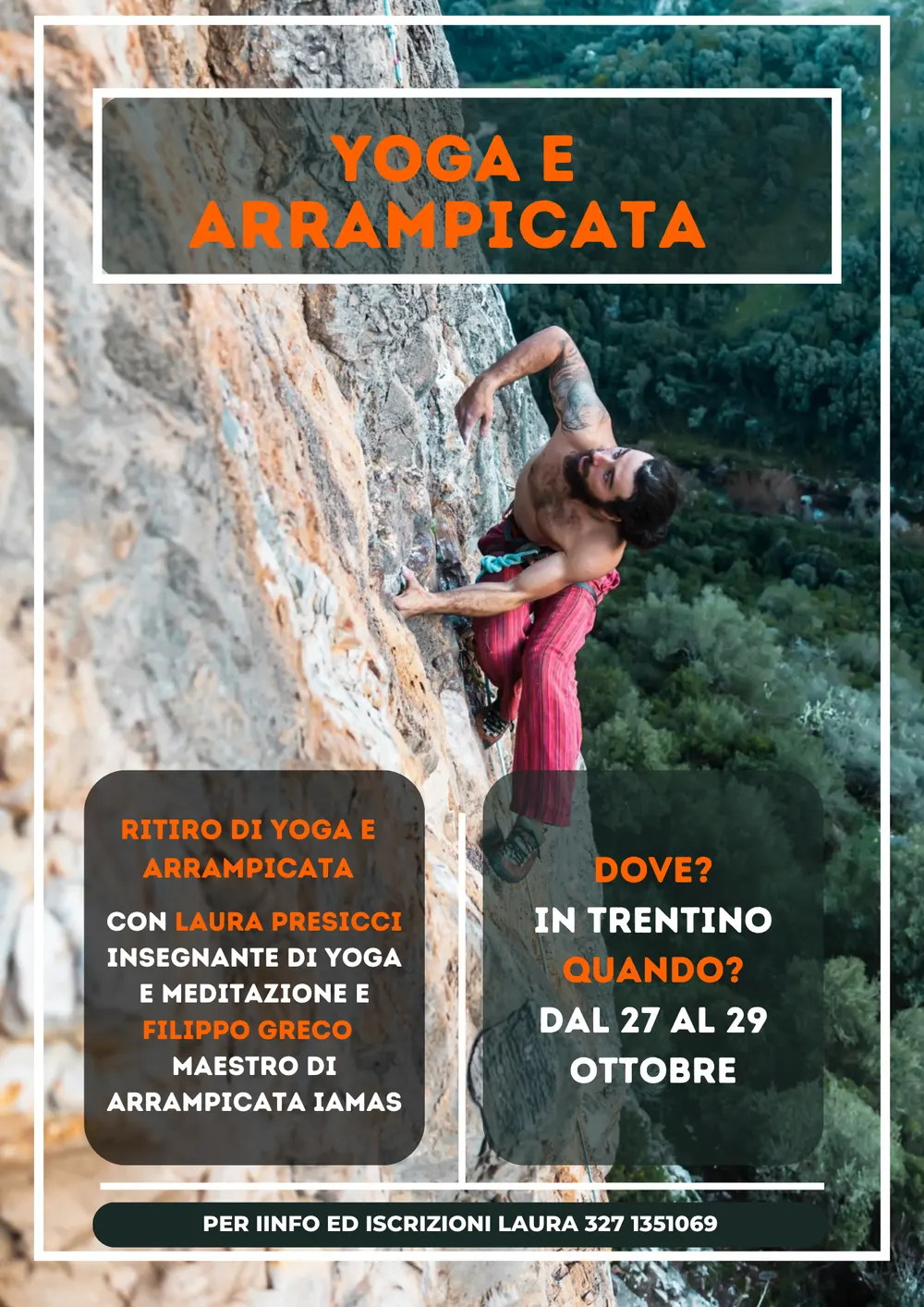 Locandina del ritiro Yoga e arrampicata con Laura Presicci e Filippo Greco, dal 27 al 29 ottobre in Trentino